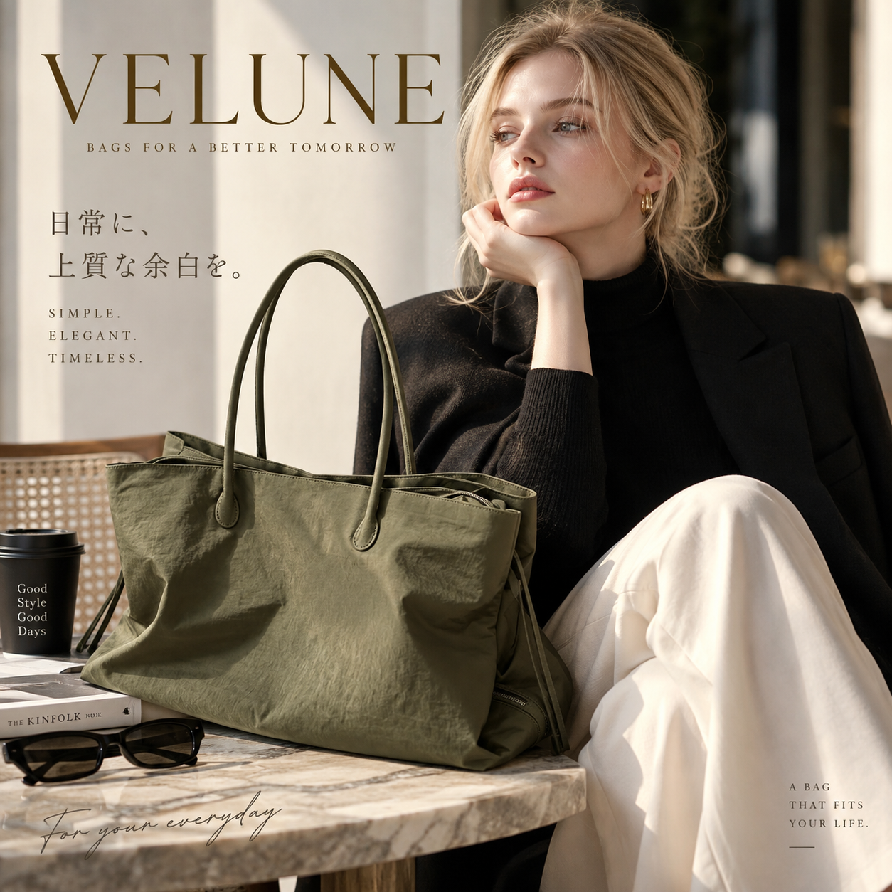 VELUNEのオリーブトートバッグをスタイリングしたブランドビジュアル